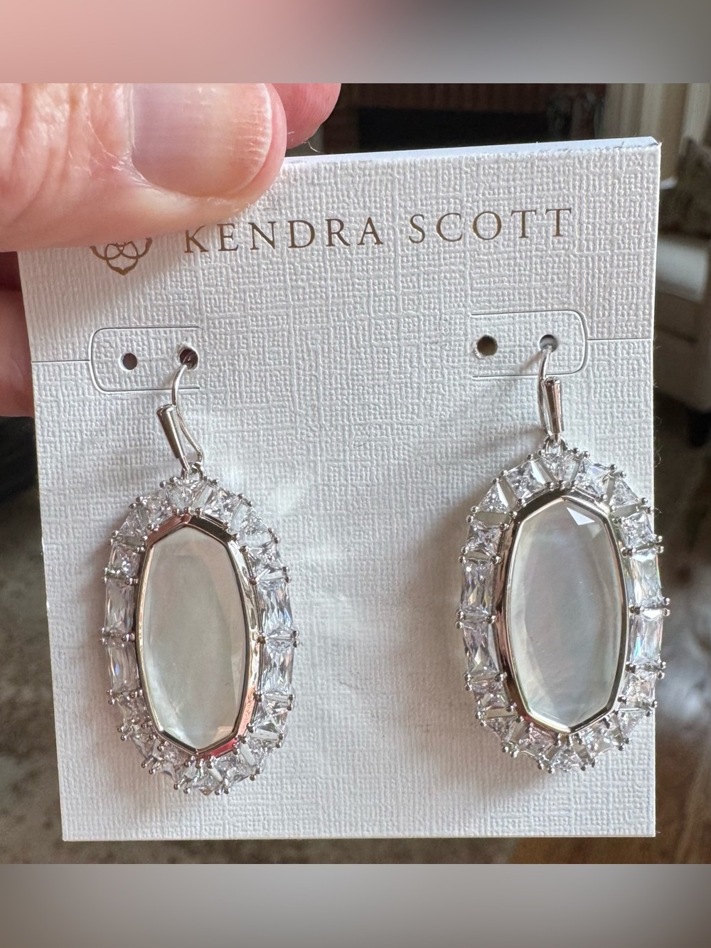Kendra Scott “Elle” Crystal Frame Drop Earrings~Mother-of-Pearl Center